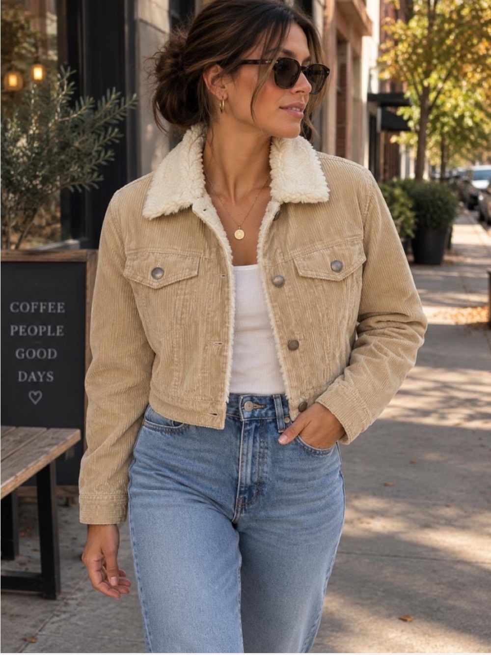 Love Tree Sherpa Lined Corduroy Teddy Jacket Tan Cropped Size L